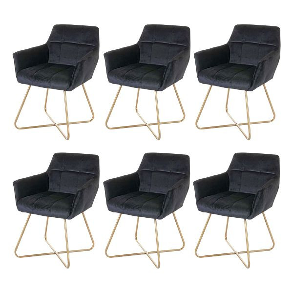 Mendler 6er-Set Esszimmerstuhl HWC-F37, Stuhl Küchenstuhl, Retro Design Samt goldene Füße, schwarz, 6x69528