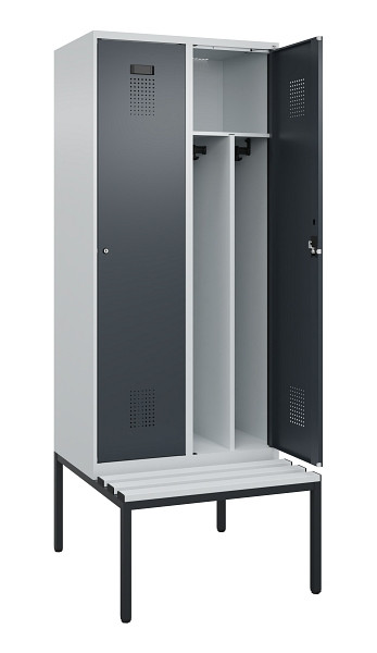 C+P Spind Evolo PLUS, 2 Abteile, 2120x800x815mm, 7035/7016, Haken 4, Zylinderschloss, Sitzfläche Kunststoff, Sitzbank, Trennwand, 0490507-22F S10093