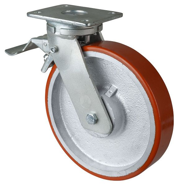 BS Rollen Schwerlastrolle mit Rad-/Feststeller, Breite 50 mm, Ø250 mm, bis 1300 kg, Guss-Polyurethan 95 Shore A, Körper Guss, Kugellager, RR120.C10.250