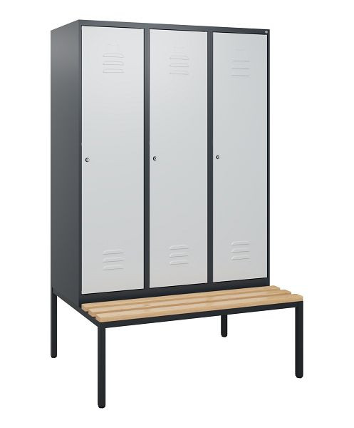 C+P Umkleidespind Classic PLUS, mit untergebauter Sitzbank, 3 Abteile, 1950x1200x815mm, 7016/7035, Zylinderschlösser, Buche-Sitzleisten, 0800505-32 S10028