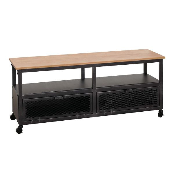 Mendler Lowboard HWC-N28, TV-Rack, Rollen 2 Fächer, 3D-Struktur Industrial Retro Metall Holz 55x130x36cm, schwarz, natur, 106080