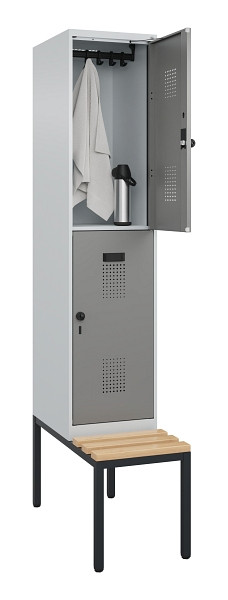 C+P Doppelstock-Spind Evolo PLUS, Bank, 2 Fächer, 2120x400x815mm, 7035/0004, Drehriegel, Sitzfläche Buche-Hartholz, Sitzbank, 0493507-12 S10014