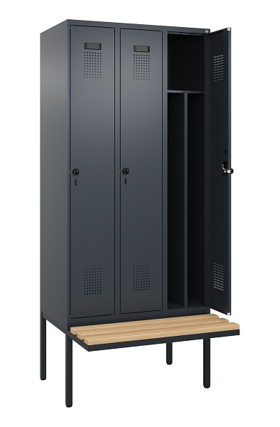 C+P Spind Evolo PLUS, 3 Abteile, 2120x900x815mm, 7016/7016, Haken 4, Drehriegel, Sitzfläche Holz, 0490407-30F S10016