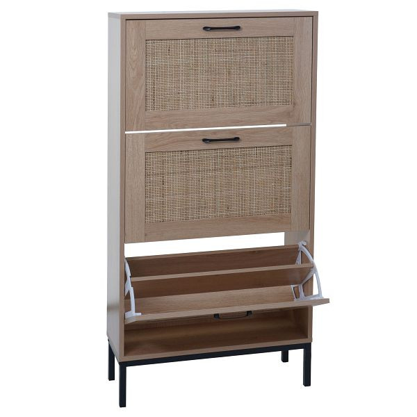 Mendler Schuhschrank HWC-N92, Schuhkipper Schuhregal, 3 Fächer Rattanfront Melamin, 126x63x24cm, Eiche-Optik, 109703