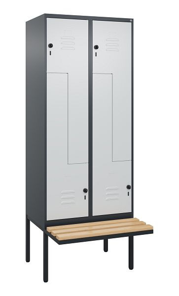 C+P Z-Spind Classic PLUS, Bank, 4 Abteile, 2120x800x815mm, 7016/7035, Drehriegel, Buche-Sitzleisten, 0800437-224 S10013