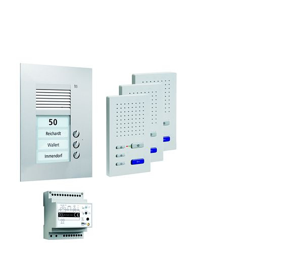 TCS Türkontrollsystem audio:pack UP für 3 Wohneinheiten, mit Außenstation PUK 3 Klingeltasten, 3x Freisprecher ISW3030, Steuergerät BVS20, PPUF03-EN/02