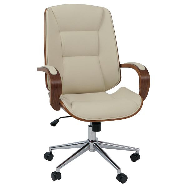 Mendler Bürostuhl HWC-O83, Drehstuhl Chefsessel, Kunstleder (280g/m²) Bugholz FSC Walnuss-Optik, creme, 118539