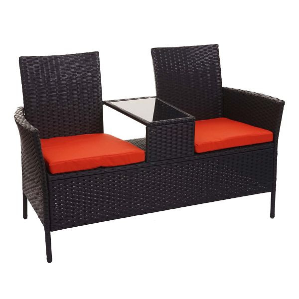 Mendler Poly-Rattan Sitzbank mit Tisch HWC-E24, Gartenbank Sitzgruppe Gartensofa, 132cm, schwarz, Kissen terracotta, 76176