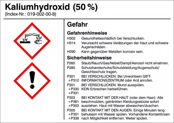 SafetyMarking Gefahrstoffetikett, G012: Kaliumhydroxid (50%), für Behälter bis 3 Liter, 10,5x7,4 cm, Folie, selbstklebend, 21.B1200-G012
