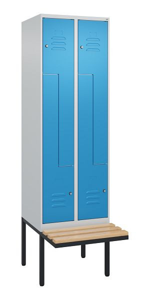 C+P Z-Spind Classic PLUS, Bank, 4 Abteile, 2120x600x815mm, 7035/5012, Zylinderschlösser, Buche-Sitzleisten, 0800437-204 S10019
