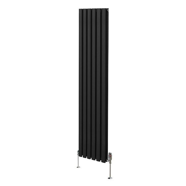 Monster Oval Röhrenheizkörper & Chrom Thermostatventile, 1800mm x 360mm, Schwarz, 10761