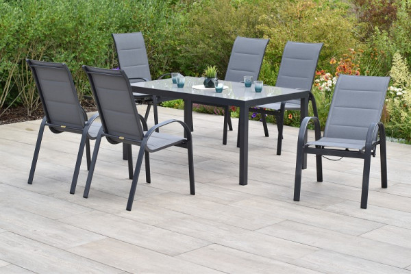 Merxx Amalfi Set 7-teilig, 4 Amalfi Stapelsessel, mit hoher Rückenlehne, 2 Amalfi Stapelsessel, verstellbar durch Gasdruck, 1 Tisch 150 x 80 cm, 50709-309