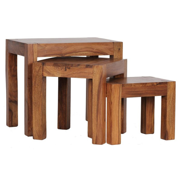 Wohnling 3er Set Satztisch MUMBAI Massivholz Sheesham Landhaus-Stil, dunkelbraun Naturholz, WL1.212