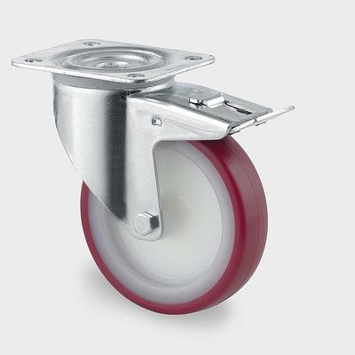 TENTE-ROLLEN Lenkrolle mit Feststeller, Rad-Ø 80 mm, Tragfähigkeit 100 kg, Bauhöhe 108 mm, D 40 Shore, 3477UAR080P62 red