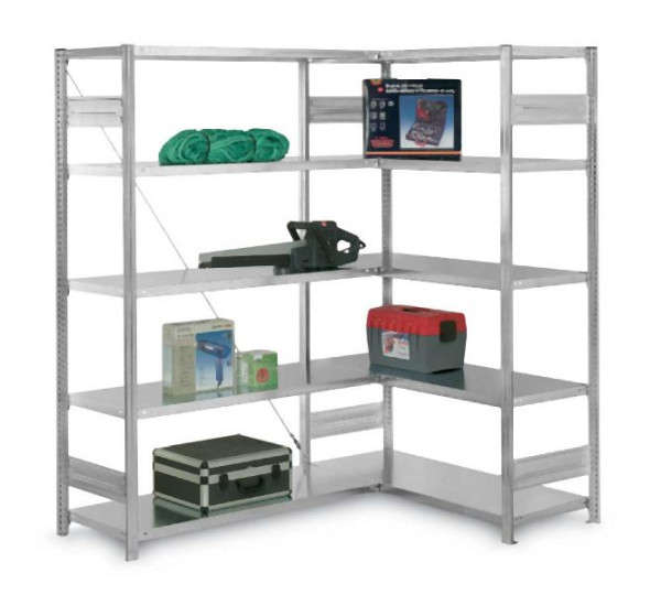 hofe Eckregal 2000 mm hoch x 400 mm tief mit 5 Fachböden 1300 mm breit und 7 Traversen, Anbaufeld mit 5 Fachböden 1300 mm breit, verzinkt, HZE20413AXL