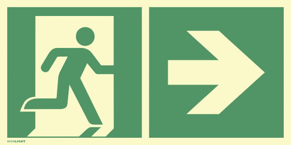 Moedel Notausgang rechts Pfeil rechts, Kombi, ISO 7010, Folie, nachleuchtend, 160-mcd, 297x148mm, 101266