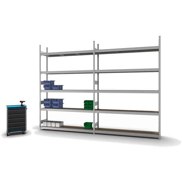 hofe Großfach-Grundregal, 3000x400x2000 mm, 5 Fachebenen, Spanplatte verzinkt, 350 kg Fachlast, 2000 kg Feldlast, zweiseitige Bedienung, GZG30420S