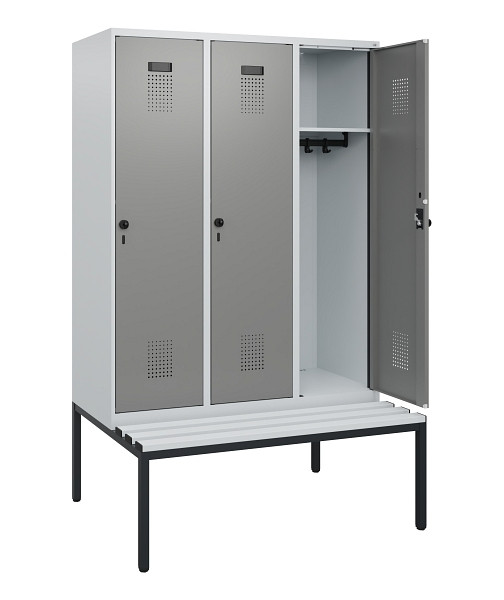C+P Spind Evolo PLUS, 3 Abteile, 1950x1200x815mm, 7035/0004, Drehriegel, Sitzfläche Kunststoff, Sitzbank, 0490505-32 S10068