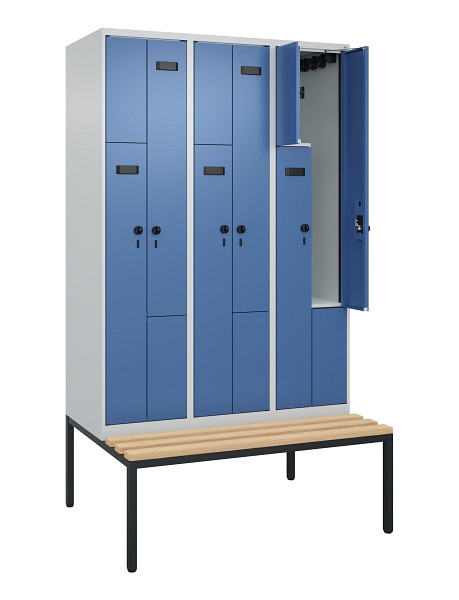 C+P Z-Spind Evolo PLUS, Bank, 6 Fächer, 2120x1200x815mm, 7035/5023, Drehriegel, Sitzfläche Buche-Hartholz, Sitzbank, 0490537-326 S10020