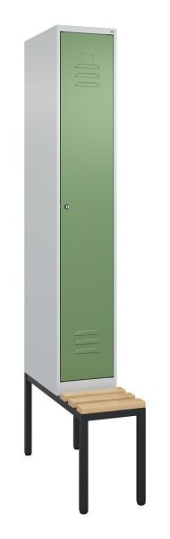 C+P Umkleidespind Classic PLUS mit Mitteltrennwand, Bank, 2120x300x815mm, 7035/6011, Zylinderschloss, Buche-Sitzleisten, 0800507-10F S10050