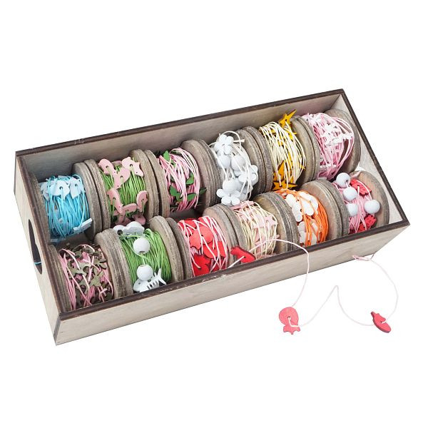 Mendler Deko-Box Schnur, Geschenkband Deko-Band Bänderbox Holzmotiv, 12 Rollen je 7,5m, 51917