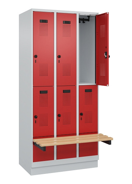 C+P Doppelstock-Spind Evolo PLUS, Bank, 6 Fächer, 1950x900x815mm, 7035/3000, Drehriegel, Sitzfläche Buche-Hartholz, mit Sockel, 049340-30 S10003