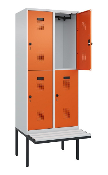 C+P Doppelstock-Spind Evolo PLUS, Bank, 4 Fächer, 2120x800x815mm, 7035/2004, Drehriegel, Sitzfläche Kunststoff, 0493407-22 S10083