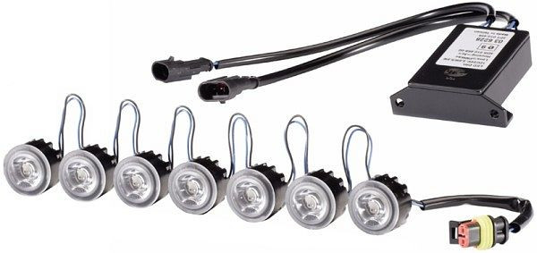 HELLA LED-Tagfahrleuchtensatz, LEDayFlex, 12/24V, Einbau, SAE/ECE-R10/E9 1152/ECE-R7/ECE-R87/ECE-R148/E24 5852, 120mm, Satz, 14 LEDs, 2PT 010 458-741
