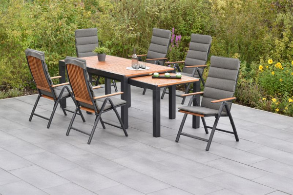 Merxx Athos Set 13-teilig, 6 Klappsessel, 6 Kissen, grau, 1 Flex Ausziehtisch 180/180 x 100/83 x 80/74 cm, Aluminium mit FSC Akazienholz, 50838-800