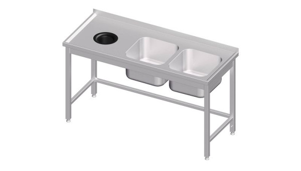 Stalgast Spültisch ohne Grundboden, mit Abfallloch, 1500x700x850 mm, mit zwei Becken rechts, mit Aufkantung, verschweißt, VST15708RA