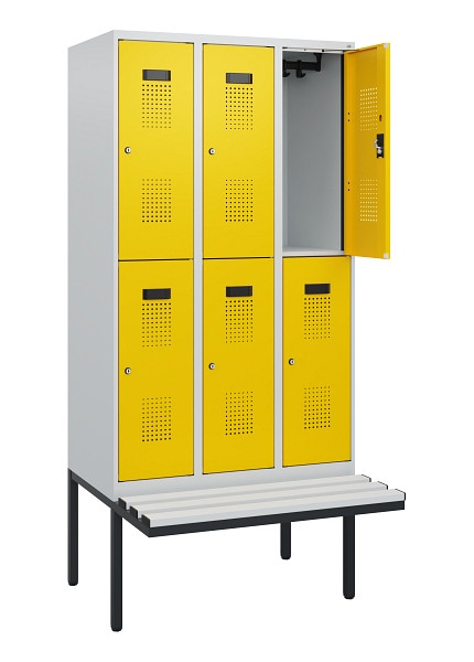 C+P Doppelstock-Spind Evolo PLUS, Bank, 6 Fächer, 1950x900x815mm, 7035/1023, Zylinderschloss, Sitzfläche Kunststoff, 0493405-30 S10136