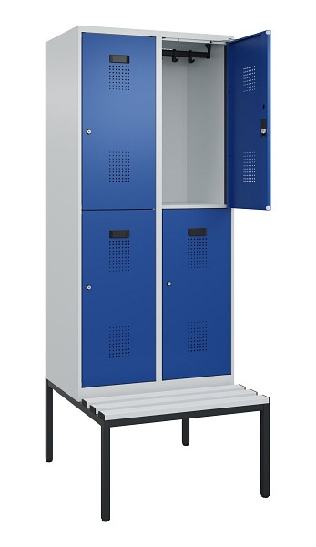 C+P Doppelstock-Spind Evolo PLUS, Bank, 4 Fächer, 2120x800x815mm, 7035/5010, Zylinderschloss, Sitzfläche Kunststoff, Sitzbank, 0493507-22 S10114