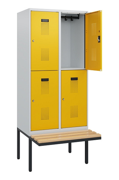C+P Doppelstock-Spind Evolo PLUS, Bank, 4 Fächer, 1950x800x815mm, 7035/1004, Zylinderschloss, Sitzfläche Buche-Hartholz, 0493405-22 S10018
