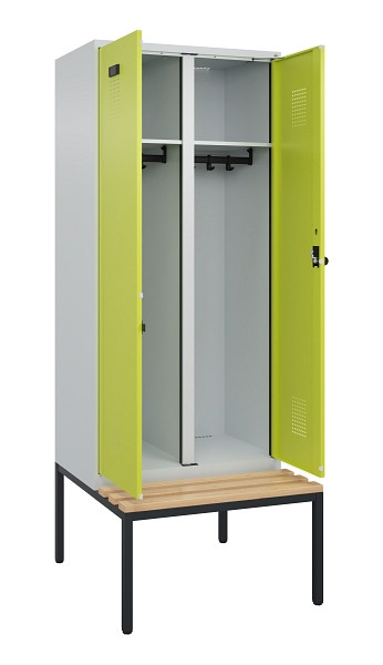 C+P Schwarz-Weiß-Spind Evolo PLUS, Bank, 2 Abteile, 2120x800x815mm, 7035/0024, Drehriegel, Sitzfläche Buche-Hartholz, Sitzbank, 0490527-22 S10015