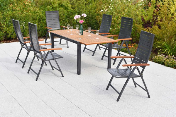 Merxx Tinos Set 7-teilig, 6 Tinos Klappsessel, folierte Armlehnen, Holzoptik, 1 Tisch 150 (200) x 90 cm, Tischplatte Akazienholz, 50401-217