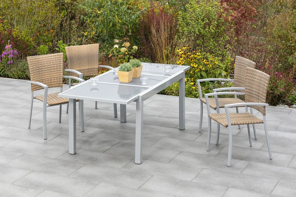 Merxx Savona Set 5-teilig, 4 Stapelsessel, 1 Ausziehtisch, 140 (200) x 90 cm, silber/naturgrau, Aluminiumgstell mit Kunststoffgeflech, 50389-228