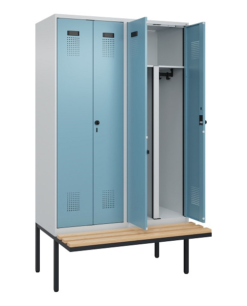 C+P PSA Doppel-Spind Evolo PLUS, Bank, 4 Abteile, 2120x1200x815mm, 7035/0010, Drehriegel, Sitzfläche Holz, 0490427-40P S10009