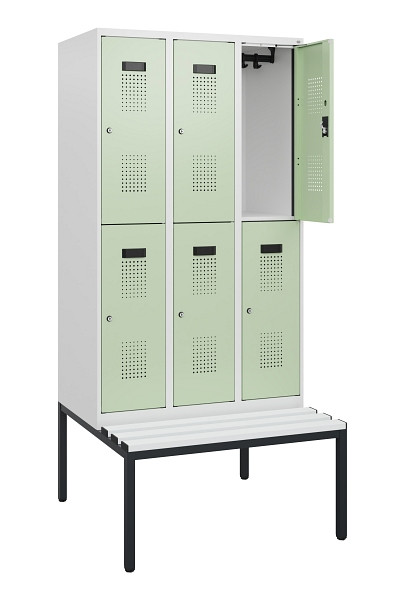 C+P Doppelstöckiger Spind Evolo PLUS, Bank, 6 Fächer, 1950x900x815mm, 9016/6019, Zylinderschloss, Sitzfläche Kunststoff, Sitzbank, 0493505-30 S10154