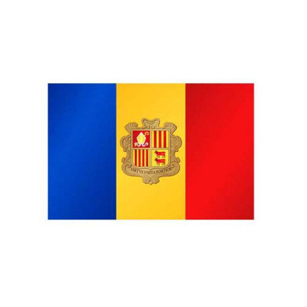 Stein HGS Länderflagge Andorra, 400x150cm, mit Kunststoff-Karabiner, FlagTop 110 g/m², für Fahnenmasten ab 8 m mit Hohlsaum, 26768