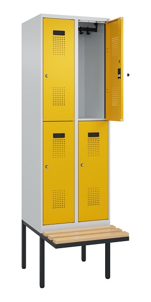 C+P Doppelstock-Spind Evolo PLUS, Bank, 4 Fächer, 2120x600x815mm, 7035/1004, Zylinderschloss, Sitzfläche Buche-Hartholz, 0493407-20 S10027