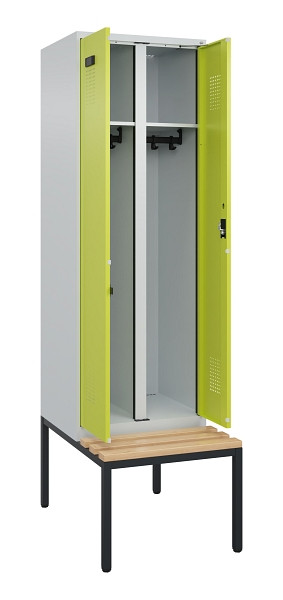 C+P Schwarz-Weiß-Spind Evolo PLUS, Bank, 2 Abteile, 2120x600x815mm, 7035/0024, Zylinderschloss, Sitzfläche Buche-Hartholz, Sitzbank, 0490527-20 S10042