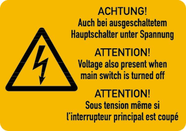 Schilder Klar Maschinenkennzeichnung Hauptschalter unter Spannung (3-sprachig), 105x74 mm Folie selbstklebend, 7540/62