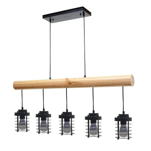 Mendler Pendelleuchte HWC-H83, Hängelampe Hängeleuchte, Industrial Vintage Massiv-Holz Metall schwarz, 5 Käfiglampenschirme, 74213