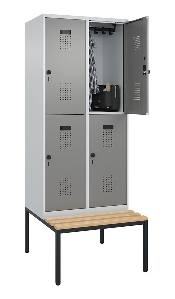 C+P Doppelstock-Spind Evolo PLUS, Bank, 4 Fächer, 2120x800x815mm, 7035/0004, Drehriegel, Sitzfläche Buche-Hartholz, Sitzbank, 0493507-22 S10014