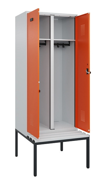 C+P Schwarz-Weiß-Spind Evolo PLUS, Bank, 2 Abteile, 2120x800x815mm, 7035/2004, Drehriegel, Sitzfläche Kunststoff, Sitzbank, 0490527-22 S10056