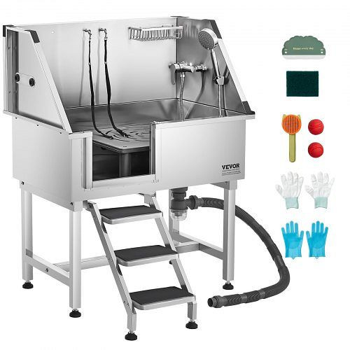 VEVOR Edelstahl-Hundewaschstation 961x620x1220mm, mit Ablagetreppe, Wasserhahn, Duschkopf & Seifenhalter (linke Tür), BXGCWYG38CZJ4VWJJV0