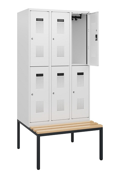 C+P Doppelstöckiger Spind Evolo PLUS, Bank, 6 Fächer, 1950x900x815mm, 9016/9016, Zylinderschloss, Sitzfläche Buche-Hartholz, Sitzbank, 0493505-30 S10053