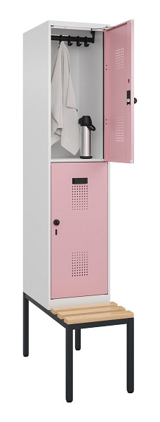 C+P Doppelstock-Spind Evolo PLUS, Bank, 2 Fächer, 2120x400x815mm, 9016/3015, Drehriegel, Sitzfläche Buche-Hartholz, Sitzbank, 0493507-12 S10018