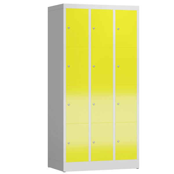 Lüllmann ClassiX Schließfachschrank, 3 Abteile à 4 Fächer, 1800 x 870 x 500 mm, lichtgrau/zinkgelb, X-520436