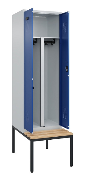 C+P PSA Doppel-Spind Evolo PLUS, Bank, 2 Abteile, 2120x600x815mm, 7035/5010, Zylinderschloss, Sitzfläche Buche-Hartholz, Sitzbank, 0490527-20P S10033